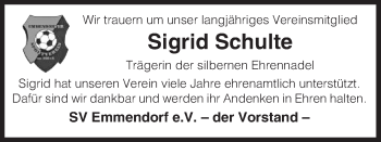 Traueranzeige von Sigrid Schulte von Uelzen