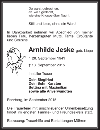 Traueranzeige von Arnhilde Jeske von Uelzen
