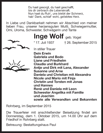 Traueranzeige von Inge Wolf von Uelzen