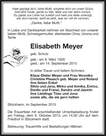 Traueranzeige von Elisabeth Meyer von Uelzen