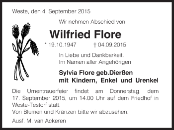 Traueranzeige von Wilfried Flore von Uelzen