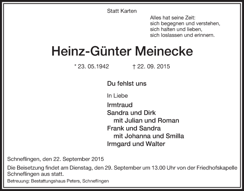  Traueranzeige für Heinz-Günter Meinecke vom 25.09.2015 aus Uelzen