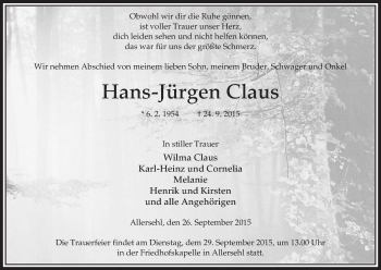 Traueranzeige von Hans-Jürgen Claus von Uelzen