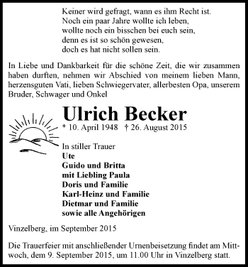 Traueranzeige von Ulrich Becker von Uelzen