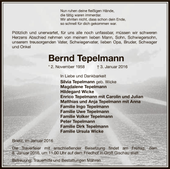 Traueranzeige von Bernd Tepelmann von Uelzen