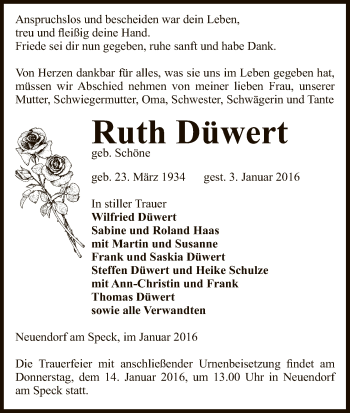 Traueranzeige von Ruth Düwert von Uelzen