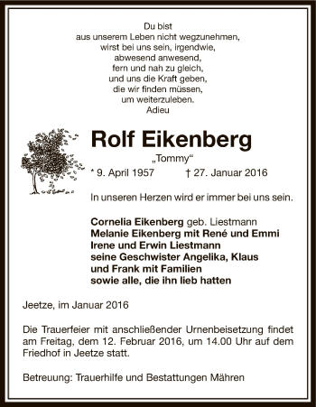 Traueranzeige von Rolf Eikenberg von Uelzen