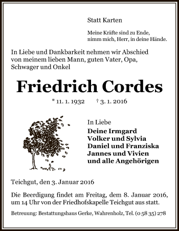 Traueranzeige von Friedrich Cordes von Uelzen