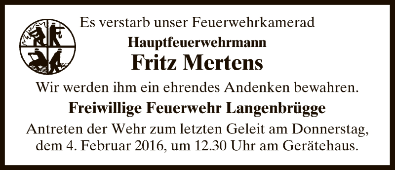  Traueranzeige für Fritz Mertens vom 30.01.2016 aus Uelzen