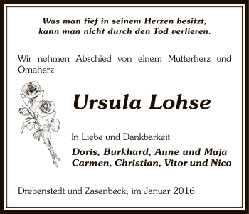 Traueranzeige von Ursula Lohse von Uelzen