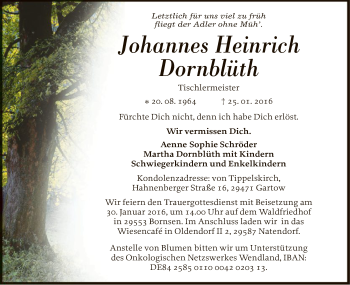 Traueranzeige von Johannes Heinrich Dornblüth von Uelzen