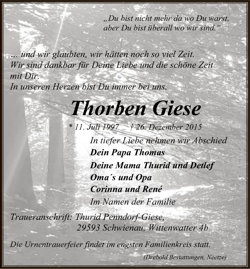  Traueranzeige für Thorben Giese vom 02.01.2016 aus Uelzen