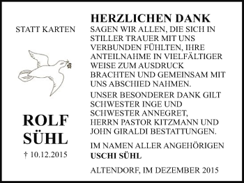 Traueranzeige von Rolf Sühl von Uelzen