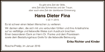 Traueranzeige von Hans-Dieter Fina von Uelzen