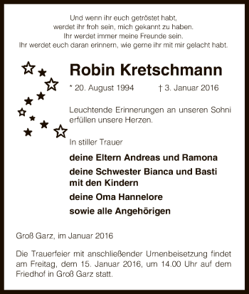 Traueranzeige von Robin Kretschmann von Uelzen