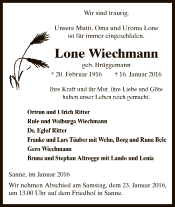 Traueranzeige von Lone Wiechmann von Uelzen