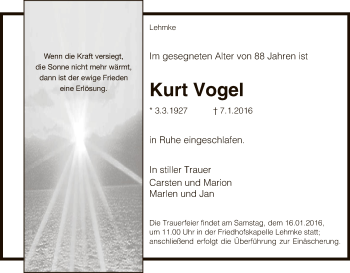 Traueranzeige von Kurt Vogel von Uelzen