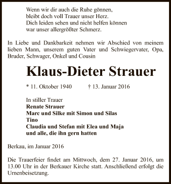 Traueranzeige von Klaus-Dieter Strauer von Uelzen