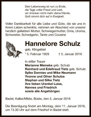 Traueranzeige von Hannelore Schulz von Uelzen