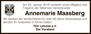 Traueranzeige von Annemarie Maasberg von Uelzen