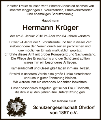 Traueranzeige von Hermann Krüger von Uelzen