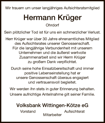 Traueranzeige von Hermann Krüger von Uelzen