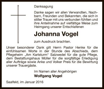 Traueranzeige von Johanna Vogel von Uelzen