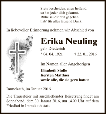 Traueranzeige von Erika Neuling von Uelzen