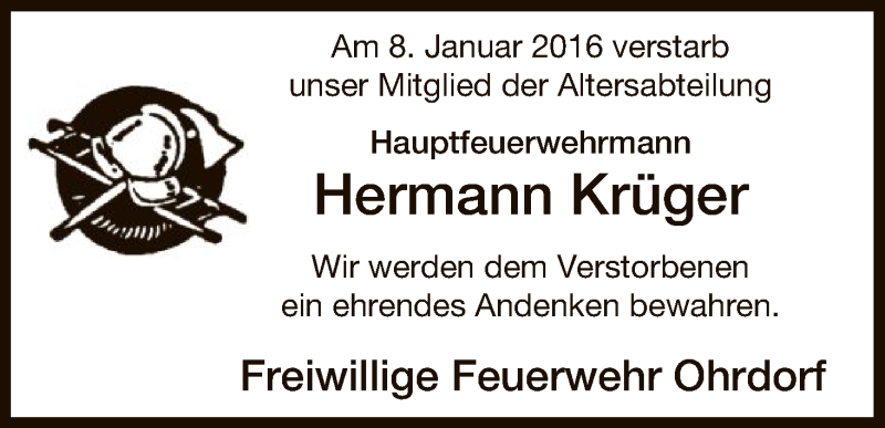  Traueranzeige für Hermann Krüger vom 13.01.2016 aus Uelzen