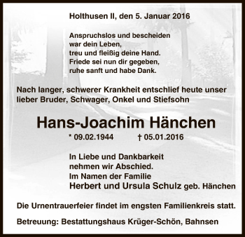 Traueranzeige von Hans-Joachim Hänchen von Uelzen