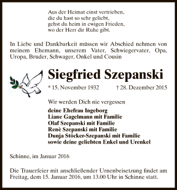 Traueranzeige von Siegfried Szepanski von Uelzen