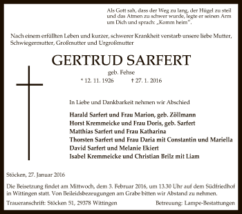 Traueranzeige von Gertrud Sarfert von Uelzen