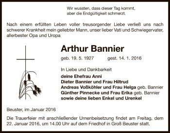 Traueranzeige von Arthur Bannier von Uelzen