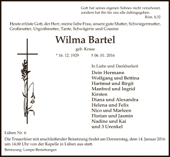 Traueranzeige von Wilma Bartel von Uelzen