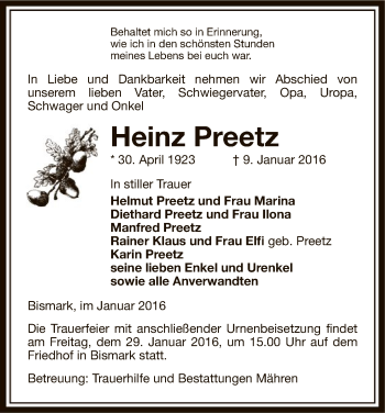 Traueranzeige von Heinz Preetz von Uelzen