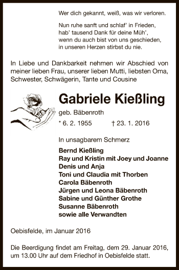 Traueranzeige von Gabriele Kießling von Uelzen