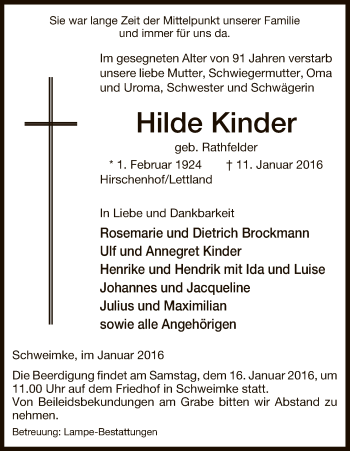 Traueranzeige von Hilde Kinder von Uelzen