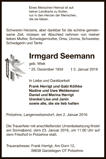 Traueranzeige von Irmgard Seemann von Uelzen