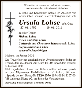 Traueranzeige von Ursula Lohse von Uelzen