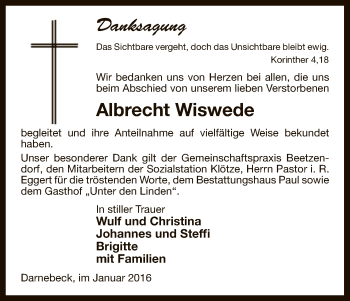 Traueranzeige von Albrecht Wiswede von Uelzen