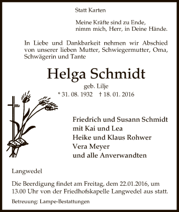 Traueranzeige von Helga Schmidt von Uelzen