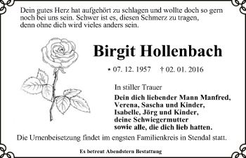 Traueranzeige von Birgit Hollenbach von Uelzen