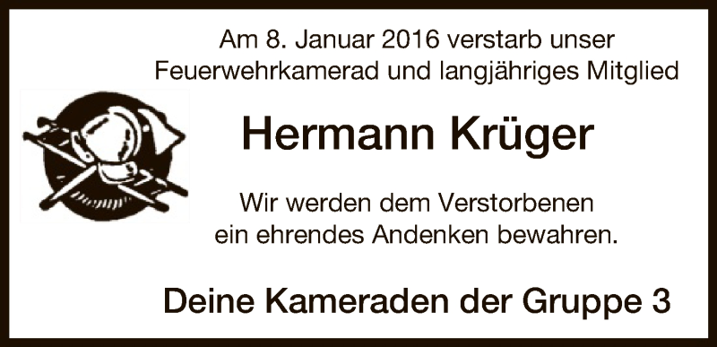  Traueranzeige für Hermann Krüger vom 13.01.2016 aus Uelzen