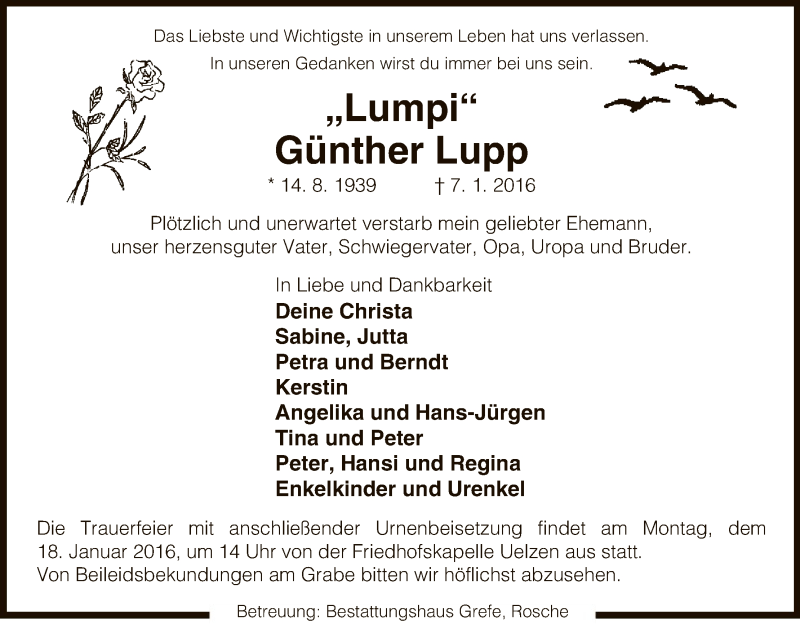  Traueranzeige für Günther Lupp vom 13.01.2016 aus Uelzen