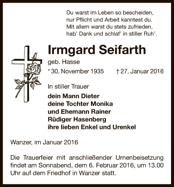 Traueranzeige von Irmgard Seifarth von Uelzen