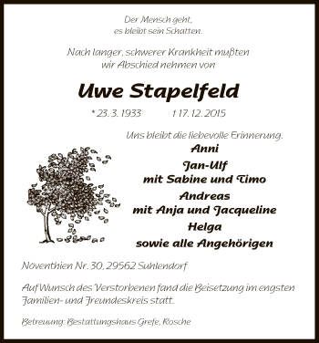 Traueranzeige von Uwe Stapelfeld von Uelzen