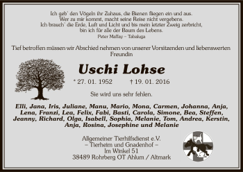 Traueranzeige von Uschi Lohse von Uelzen