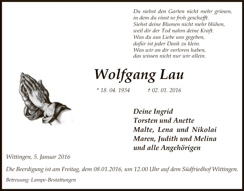  Traueranzeige für Wolfgang Lau vom 05.01.2016 aus Uelzen