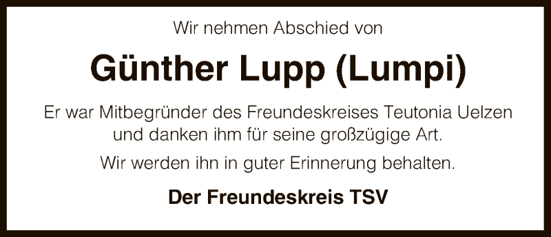  Traueranzeige für Günther Lupp vom 13.01.2016 aus Uelzen