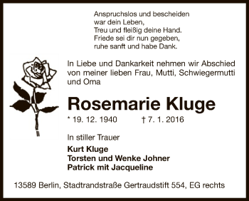 Traueranzeige von Rosemarie Kluge von Uelzen